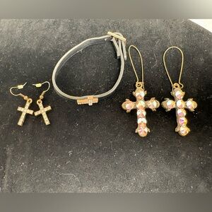 Gold Tone and Rhinestone Cross Earrings and Bracelet Set